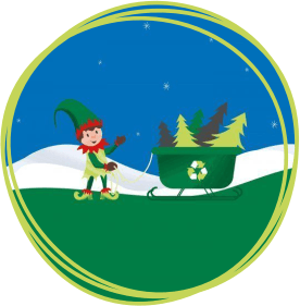 Illustration showing elf collecting Christmas trees in a sleigh Illustration showing elf collecting Christmas trees in a sleigh