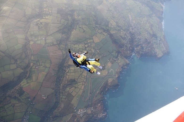 skydiver above Perranporth