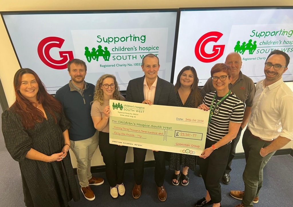 Colleagues from The Goonvean Group of Companies present their donation to Hayley Wallbank from Children's Hospice South West