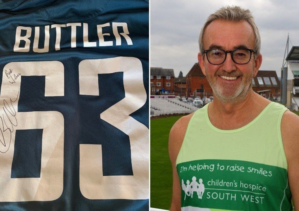 Former Somerset County Cricket Club chairman Andy Nash and the signed England shirt worn by Jos Buttler against the West Indies that is up for auction in aid of Children’s Hospice South West.