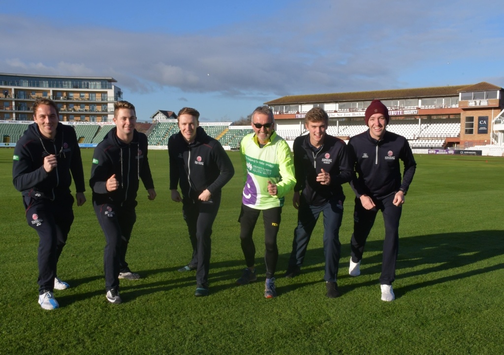 Former Somerset County Cricket Club chairman Andy Nash training with players Josh Davey, Eddie Byrom, George Bartlett, Paul van Meekeren and Tom Lammonby at the County Ground in Taunton