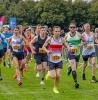 Group of runners running on green grass