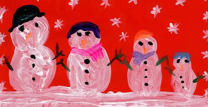 finger paint snow people on red card 